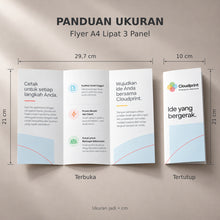 Muat gambar ke penampil Galeri, Panduan ukuran flyer A4 lipat tiga panel, terbuka 29,7 x 21 cm dan tertutup 10 x 21 cm